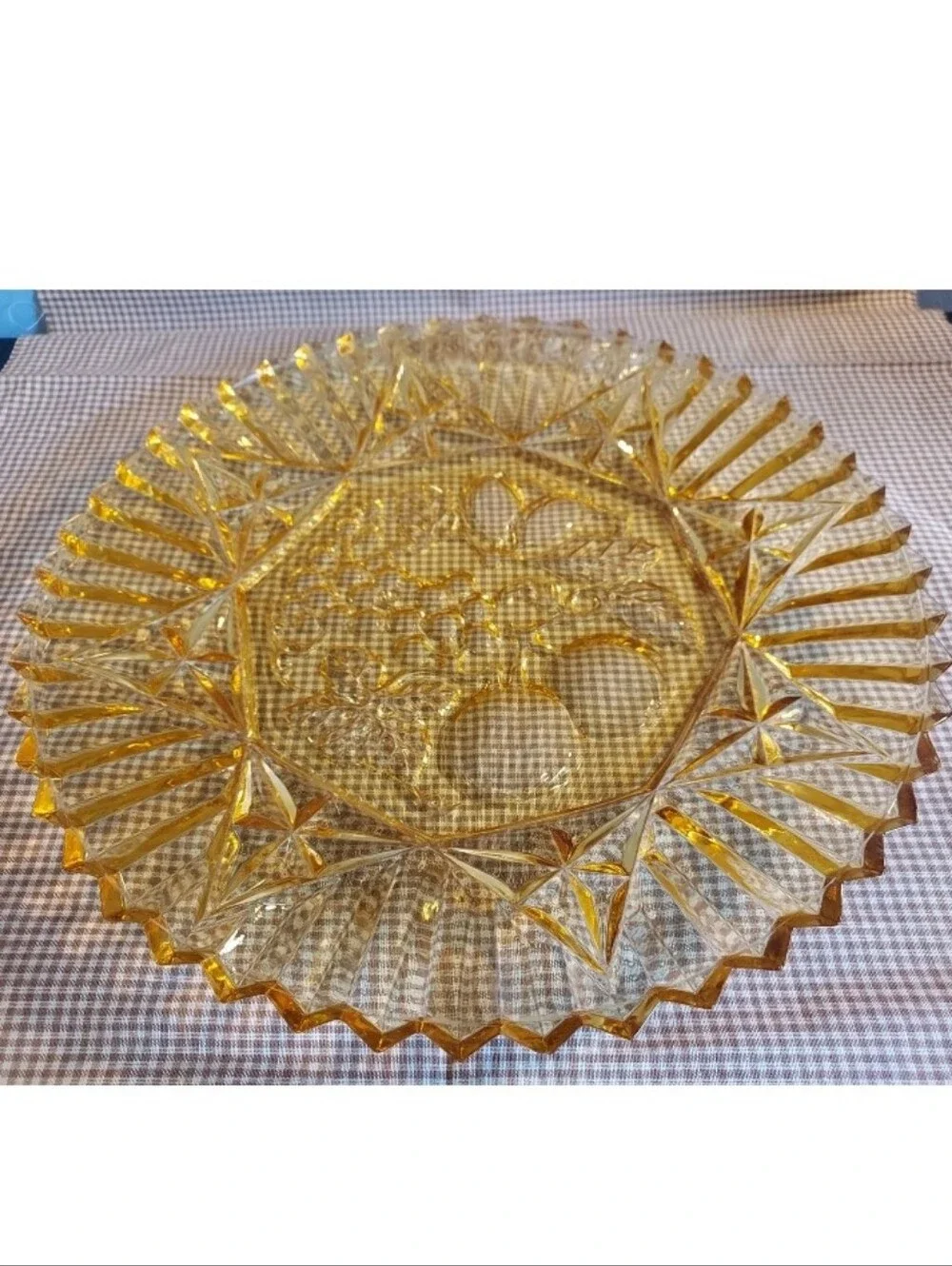 Vintage Federal Glass Serving Platter Plate Pioneer Yellow Amber Fruit 11 1/2